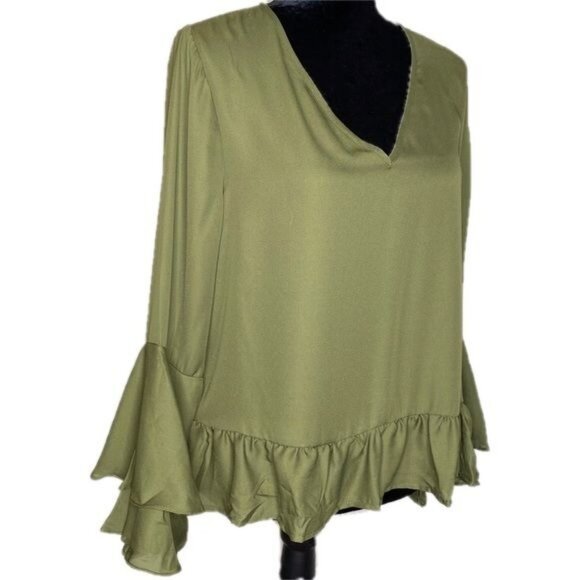 Olive Green V-Neck Ruffle Hem Bell Sleeve Blouse S 100% Polyester Womens Top - Picture 10 of 12